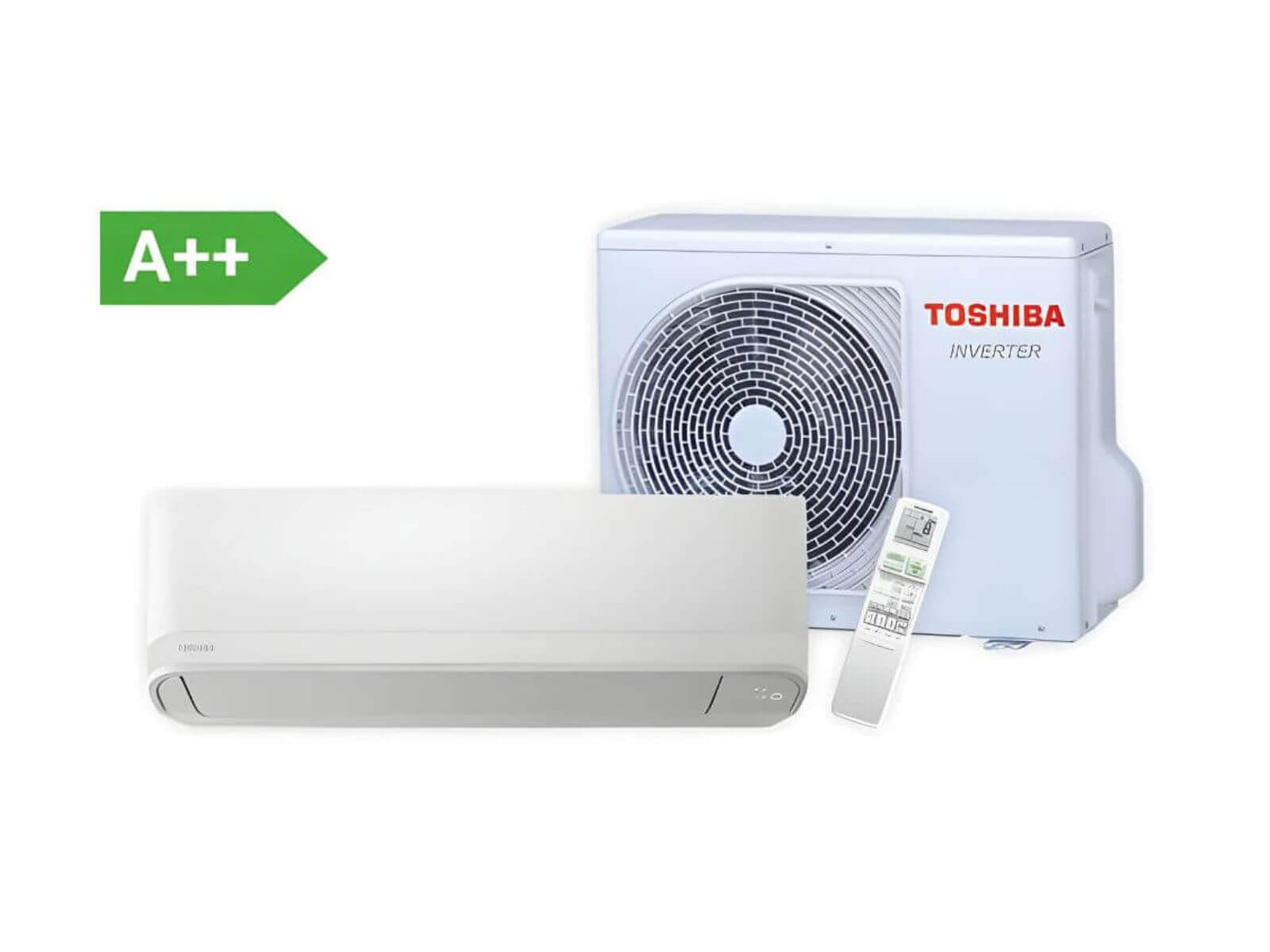 Klimatizace Toshiba Seiya new s venkovní jednotkou, vnitřní jednotkou klimatizace a ovladačem