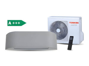Klimatizace Toshiba HAORI s venkovní jednotkou, vnitřní jednotkou a černým moderním ovladačem