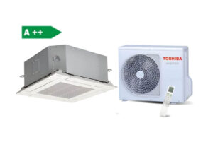 Toshiba kazetová klimatizace SLIM 60×60 s vnitřní jednotkou, venkovní jednotkou klimatizace a ovladačem