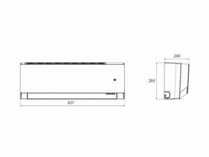 Technický nákres vnitřní jednotky klimatizace Sinclair Marvin. Zobrazen je čelní a boční pohled. Čelní pohled ukazuje obdélníkový tvar jednotky o šířce 837 mm. Boční pohled uvádí výšku 293 mm a hloubku 200 mm.“