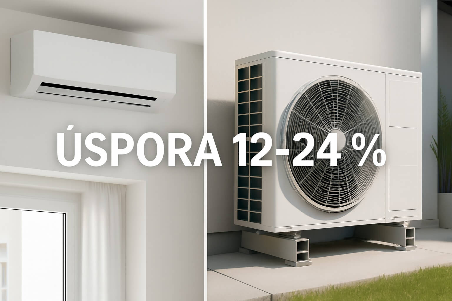 Obrázek srovnání tepelného čerpadla vzduch-voda a vzduch-vzduch. Prokázaná úspora topení klimatizací 12-24% oproti Tepelným čerpadlům vzduch-voda