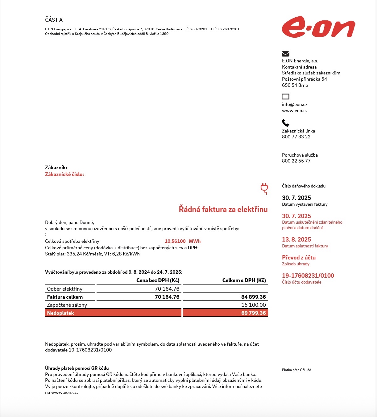 Vyúčtování elektřiny EON na výši 84 399 Kč